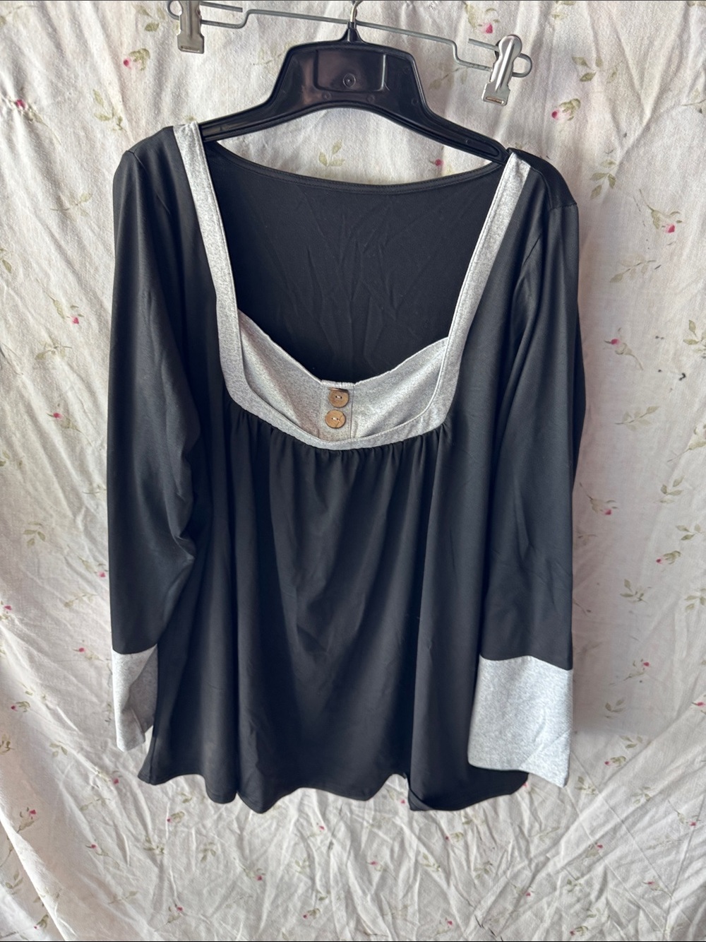 Women’s Black Long Sleeve Top with Silver Trim and Button Accents